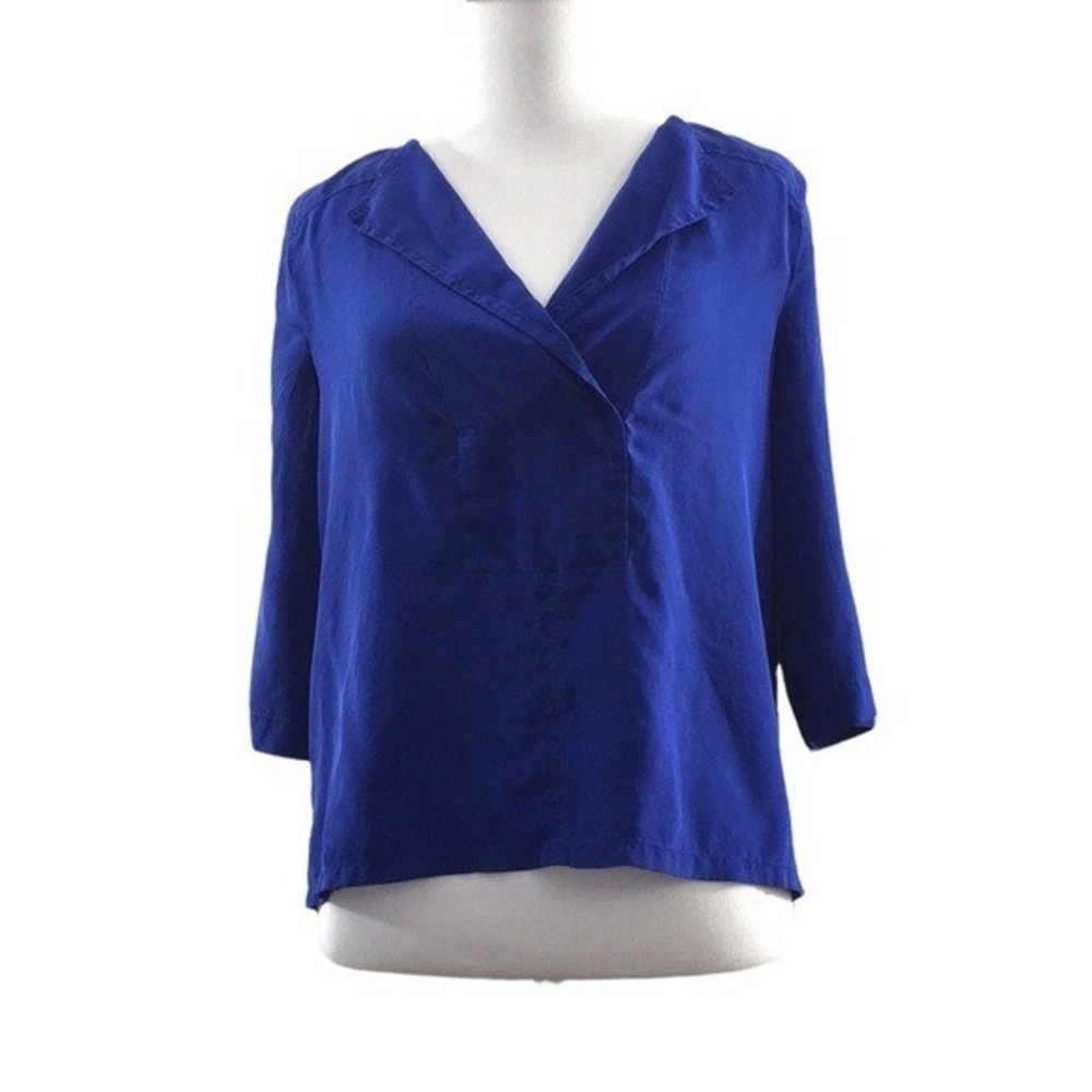 BCBG MaxAzria‎ Royal Blue Faux Wrap Popover Blouse Womens XXS Roll Tab 100% Silk